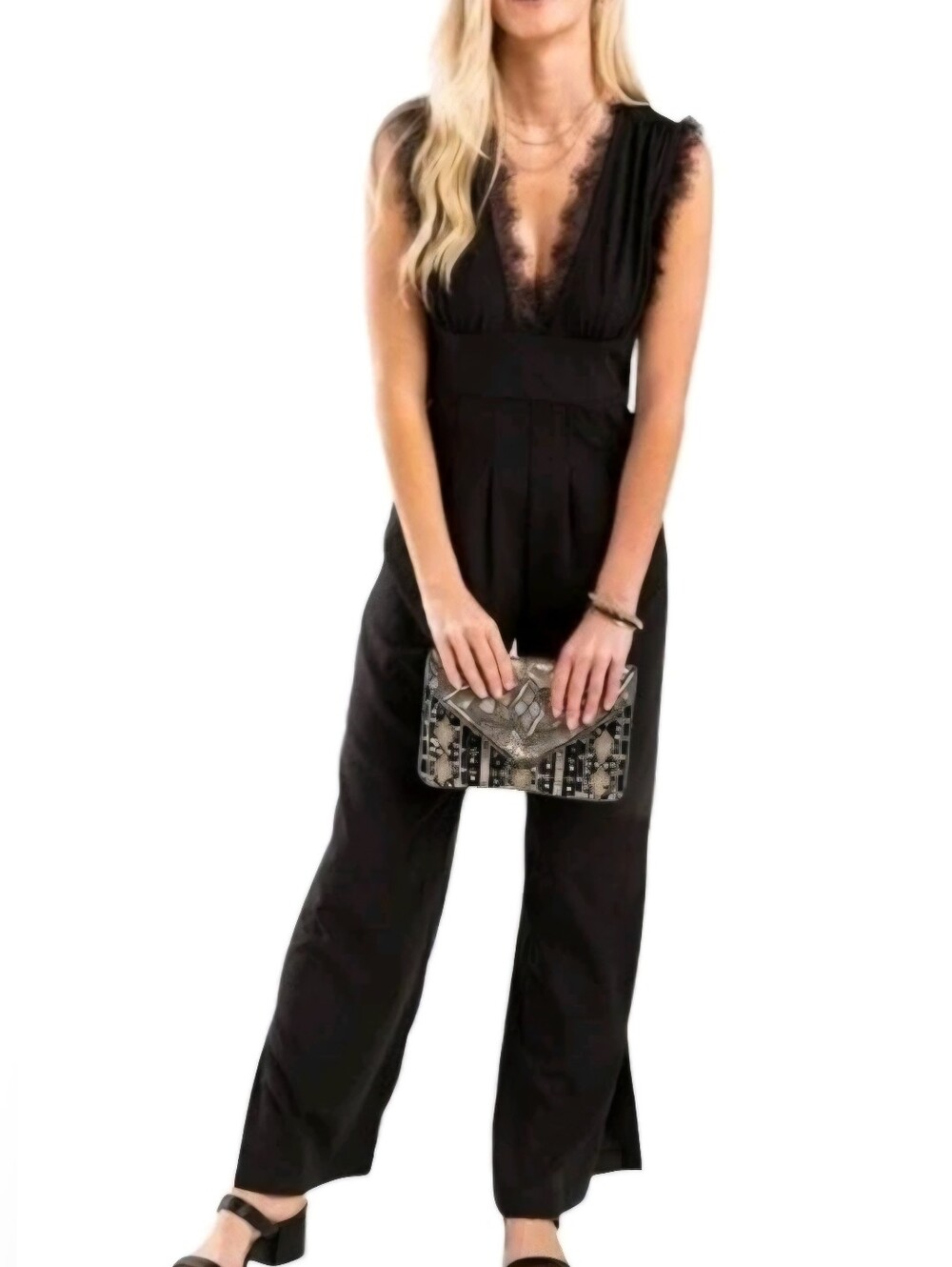 Miami Black Lace-Trim V-Neck Jumpsuit Woman's Size XXS